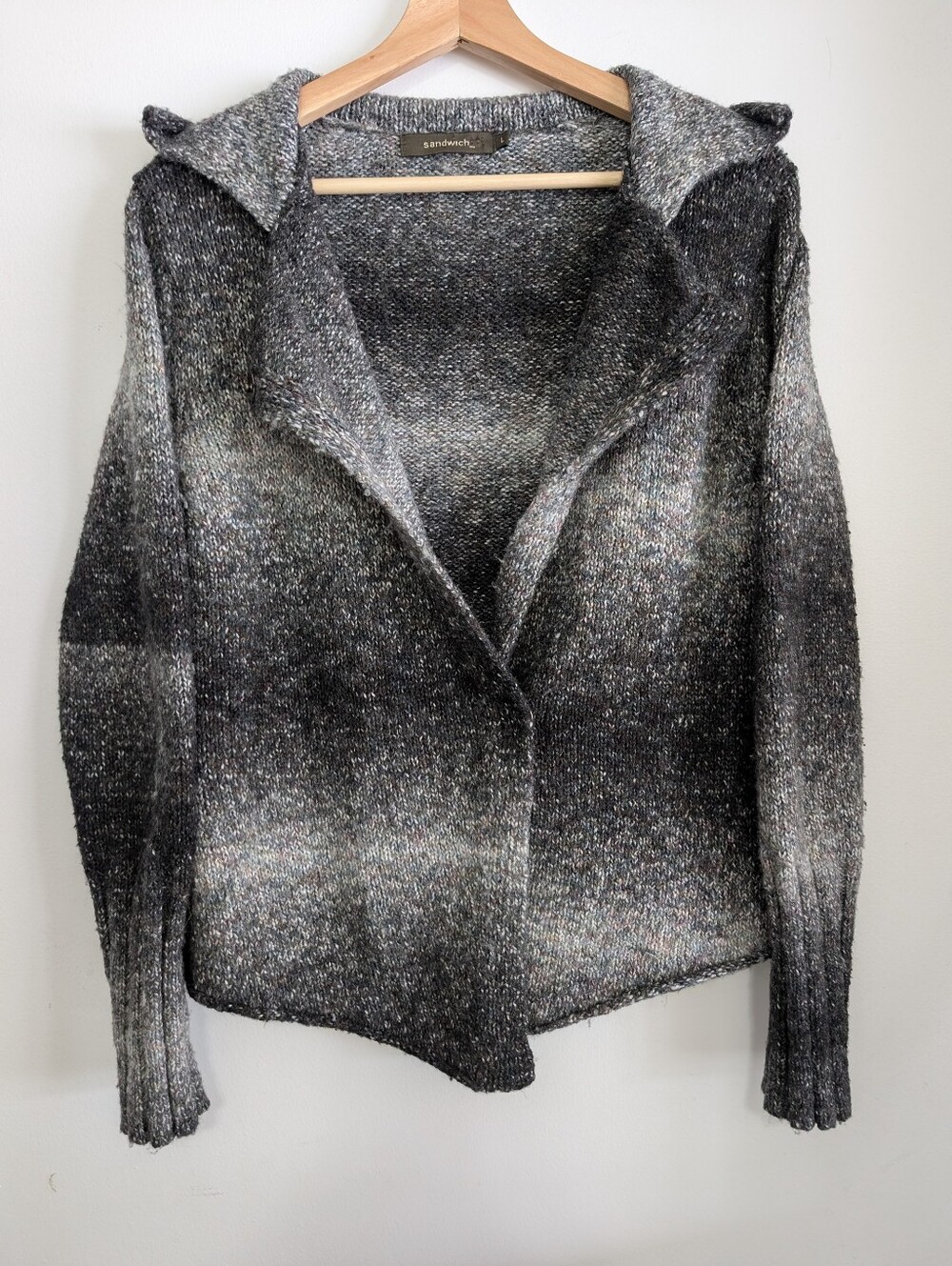Vintage Sandwich Large Cardigan Wool Blend Knit Button Sweater Black Grey Cozy